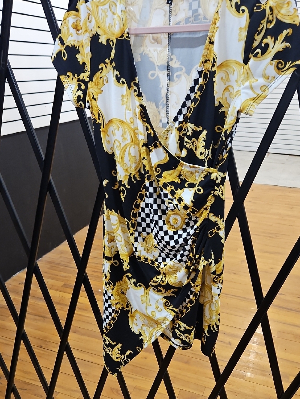 iris Black, White & Gold Baroque Wrap Dress